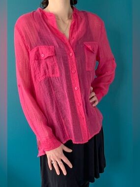 Vintage Hot Pink Semi Sheer Textured Blouse • Long or Rolled Sleeve Layering Top